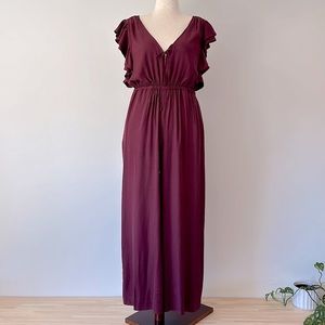 Madewell, Jacquard Deep Neck, Ruffle, Maroons Jumpsuit size L